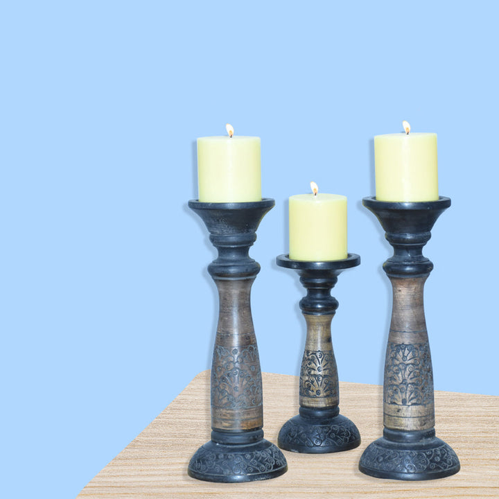 Handmade Black Wash Mango Wood Set of 3 Pillar Candle Holders Eco-Friendly Image 9