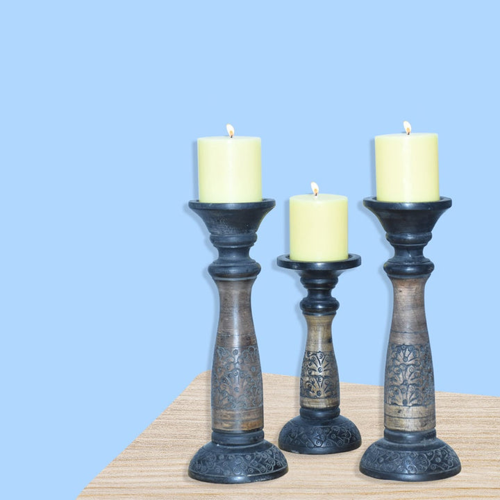 Handmade Black Wash Mango Wood Set of 3 Pillar Candle Holders Eco-Friendly Image 1