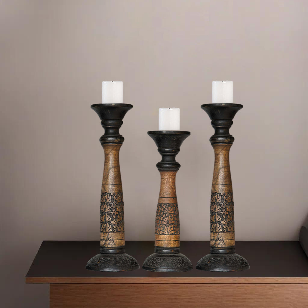 Handmade Black Wash Mango Wood Set of 3 Pillar Candle Holders Eco-Friendly Image 10