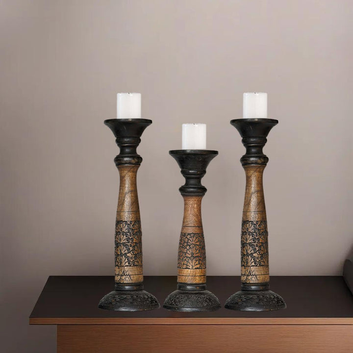 Handmade Black Wash Mango Wood Set of 3 Pillar Candle Holders Eco-Friendly Image 1