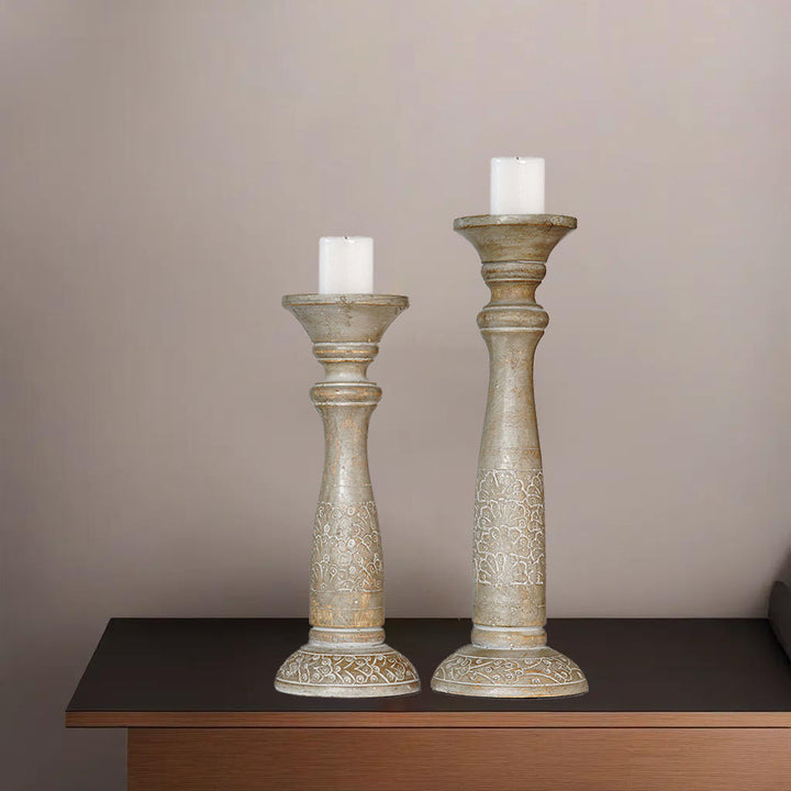 Eco-Friendly Gray Wash Mango Wood Set of 2 Pillar Candle Holders Handmade Image 5