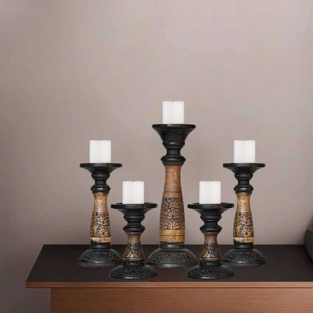 Traditional Black Wash Mango Wood Pillar Candle Holder Set of 5 Eco-Friendly Image 1