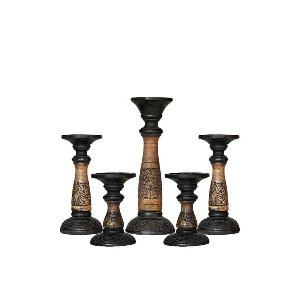 Traditional Black Wash Mango Wood Pillar Candle Holder Set of 5 Eco-Friendly Image 2