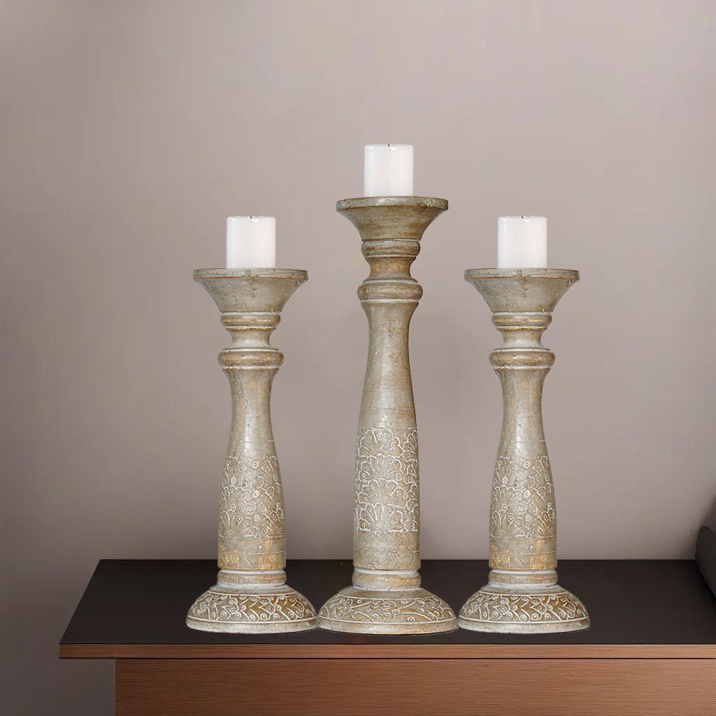 Gray Wash Mango Wood 3 Piece Pillar Candle Holder Set Eco-Friendly Handmade Image 7