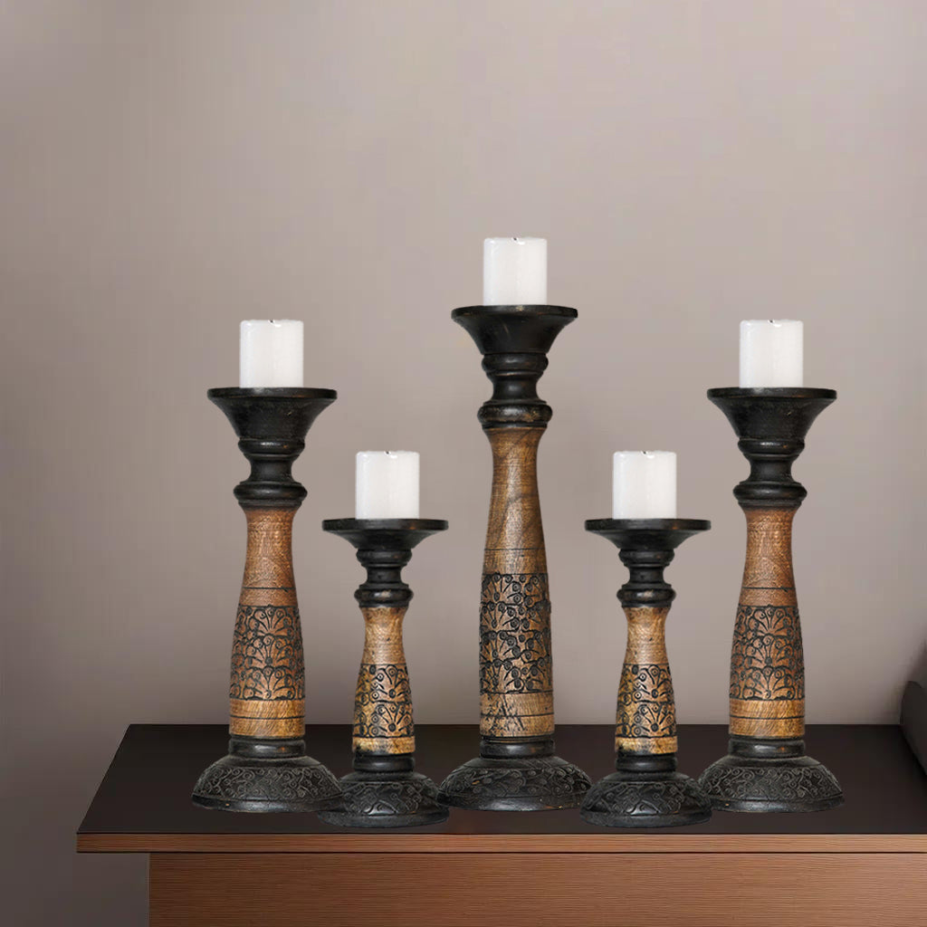 Traditional Black Wash Mango Wood Pillar Candle Holder Set of 5 Eco-Friendly Image 6