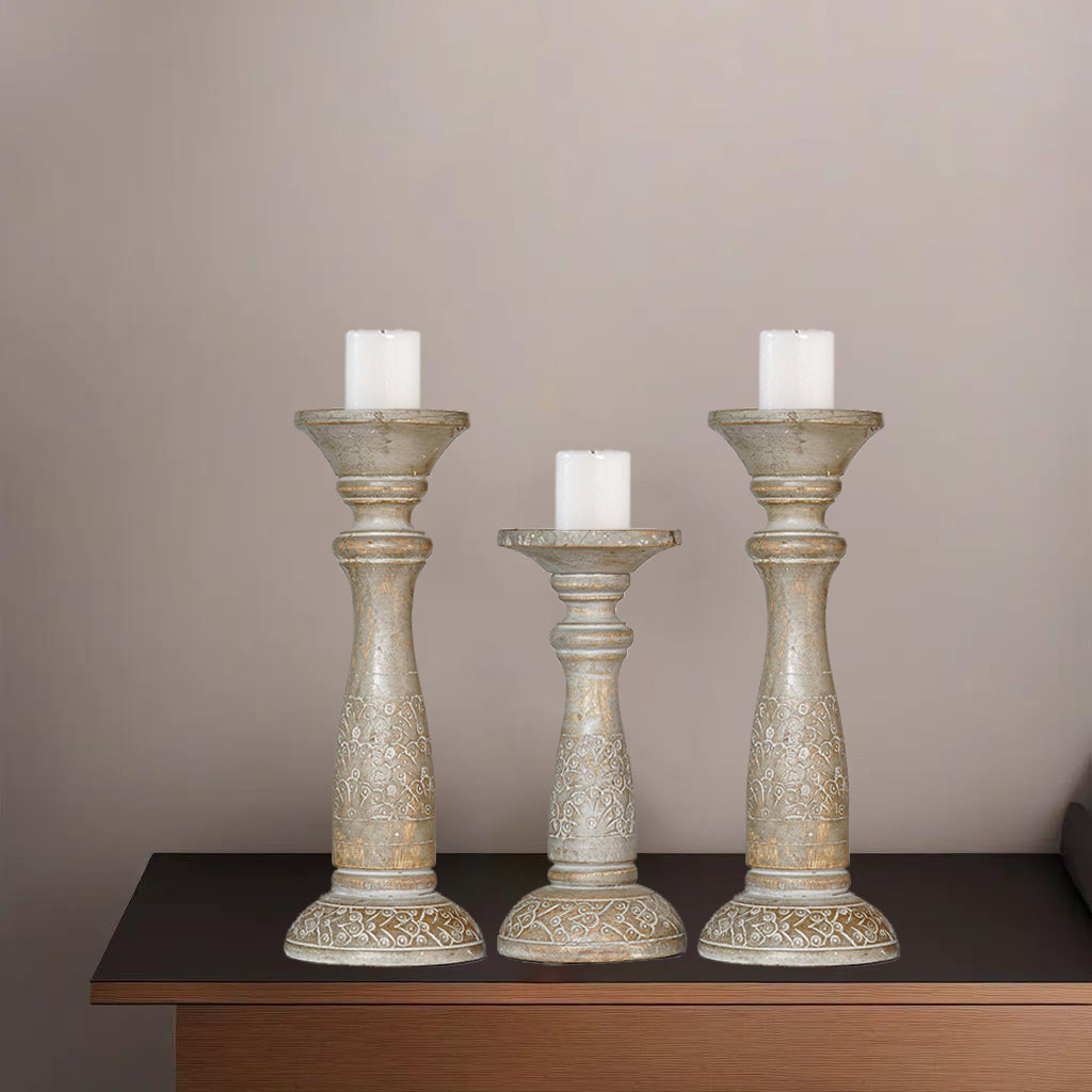 Gray Wash Mango Wood 3 Piece Pillar Candle Holder Set Eco-Friendly Handmade Image 9