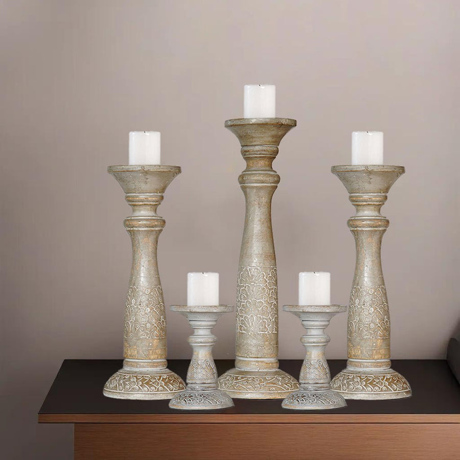 Eco-Friendly Handmade Gray Wash Mango Wood Pillar Candle Holder Set of 5 Image 1