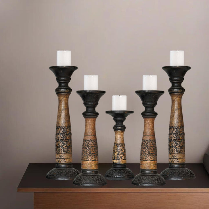 Traditional Black Wash Mango Wood Pillar Candle Holder Set of 5 Eco-Friendly Image 8