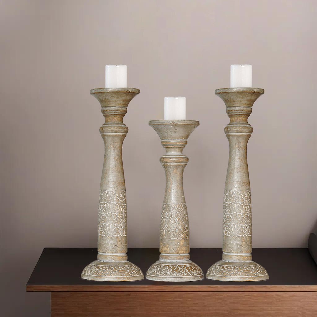 Gray Wash Mango Wood 3 Piece Pillar Candle Holder Set Eco-Friendly Handmade Image 10