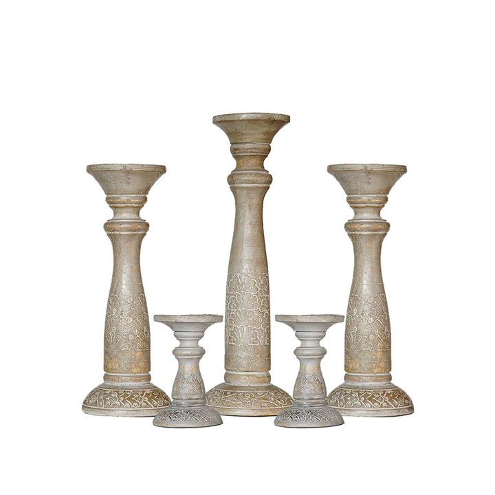 Eco-Friendly Handmade Gray Wash Mango Wood Pillar Candle Holder Set of 5 Image 2