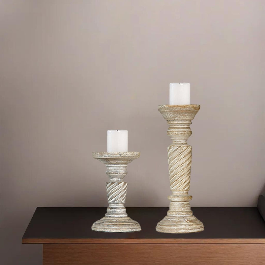 Eco-friendly Antique White Mango Wood Pillar Candle Holder Set of 2 Image 1