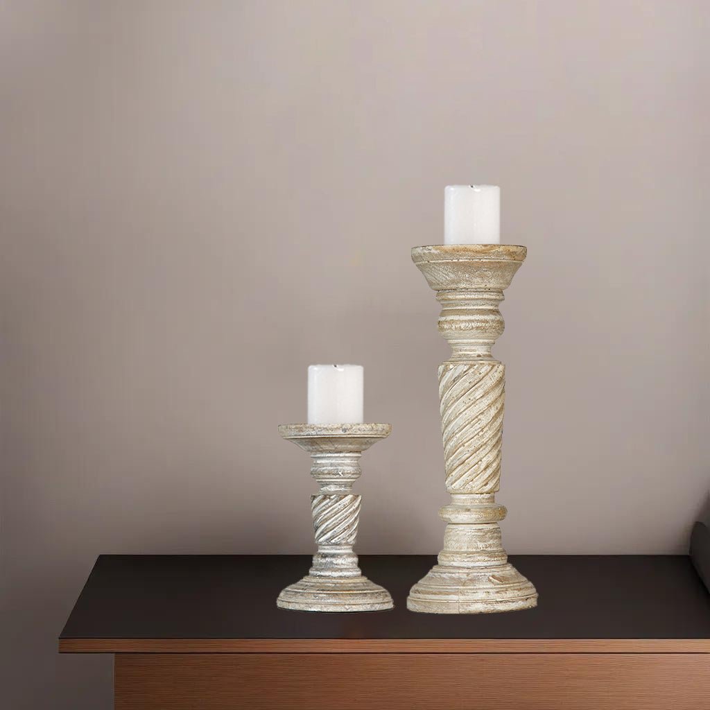 Eco-friendly Antique White Mango Wood Pillar Candle Holder Set of 2 Image 2