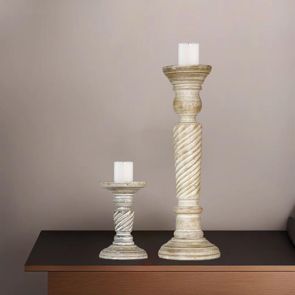 Eco-friendly Antique White Mango Wood Pillar Candle Holder Set of 2 Image 3