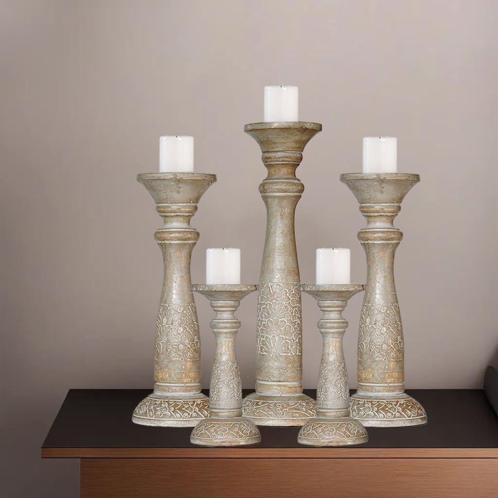 Eco-Friendly Handmade Gray Wash Mango Wood Pillar Candle Holder Set of 5 Image 6