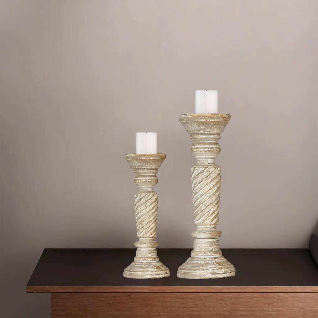 Eco-friendly Antique White Mango Wood Pillar Candle Holder Set of 2 Image 4