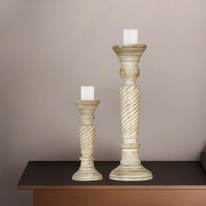 Eco-friendly Antique White Mango Wood Pillar Candle Holder Set of 2 Image 5