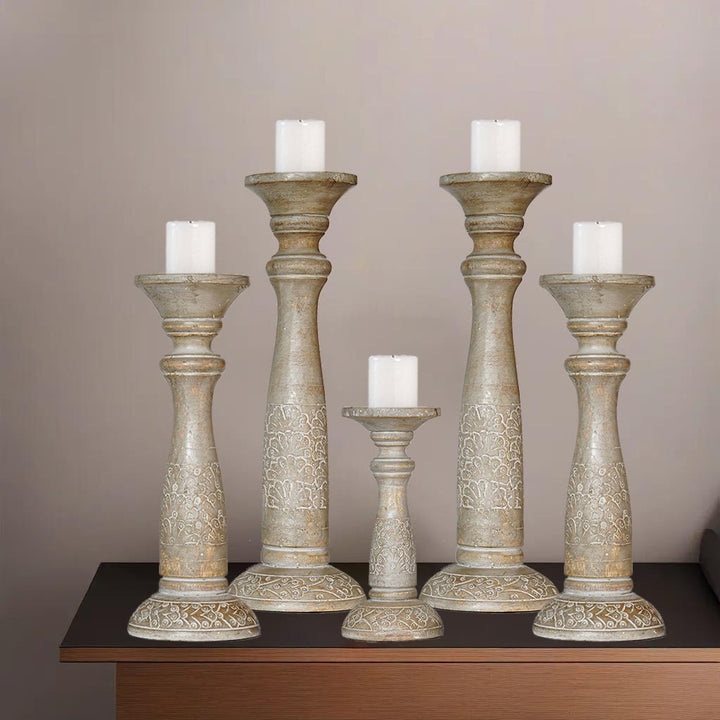 Eco-Friendly Handmade Gray Wash Mango Wood Pillar Candle Holder Set of 5 Image 8