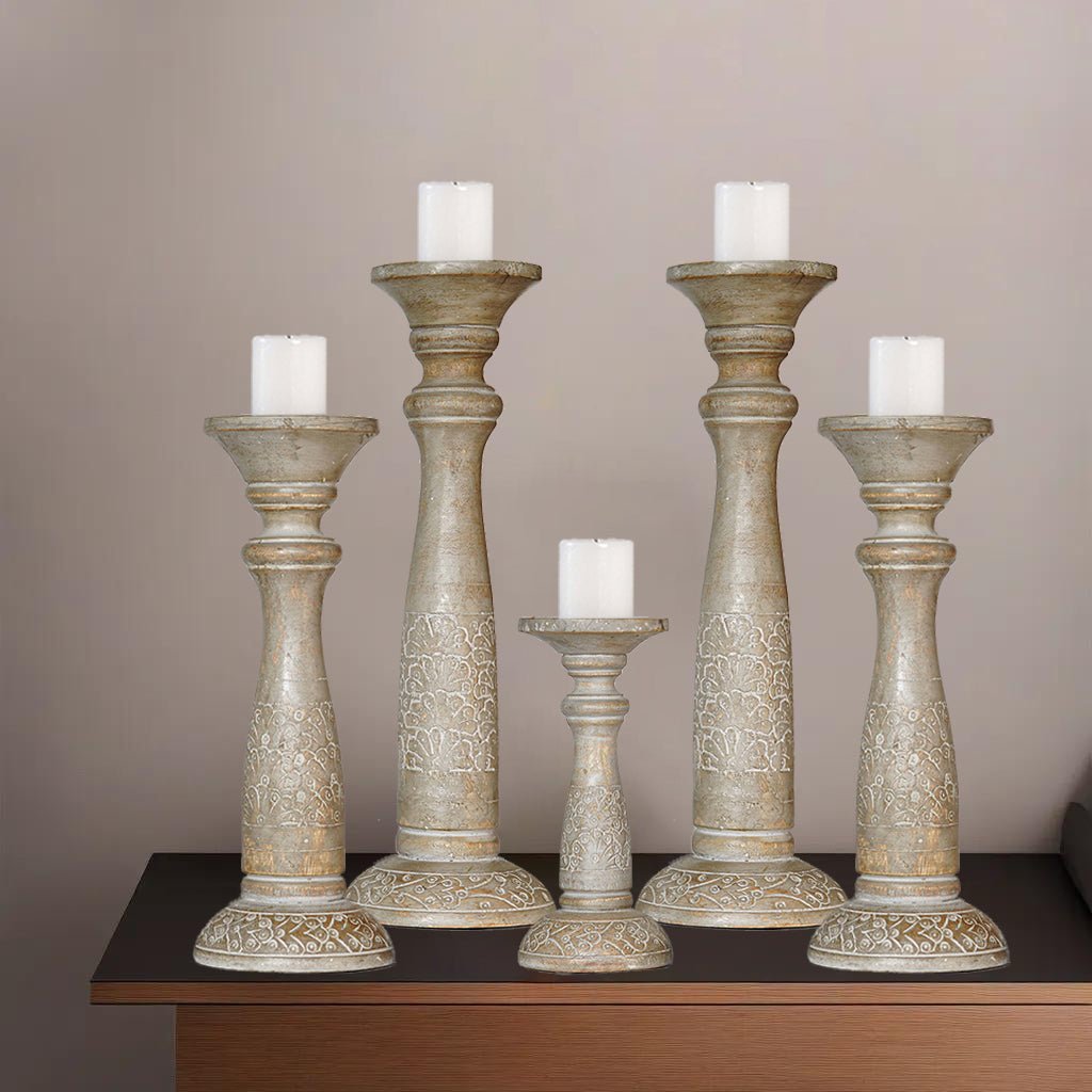 Eco-Friendly Handmade Gray Wash Mango Wood Pillar Candle Holder Set of 5 Image 1