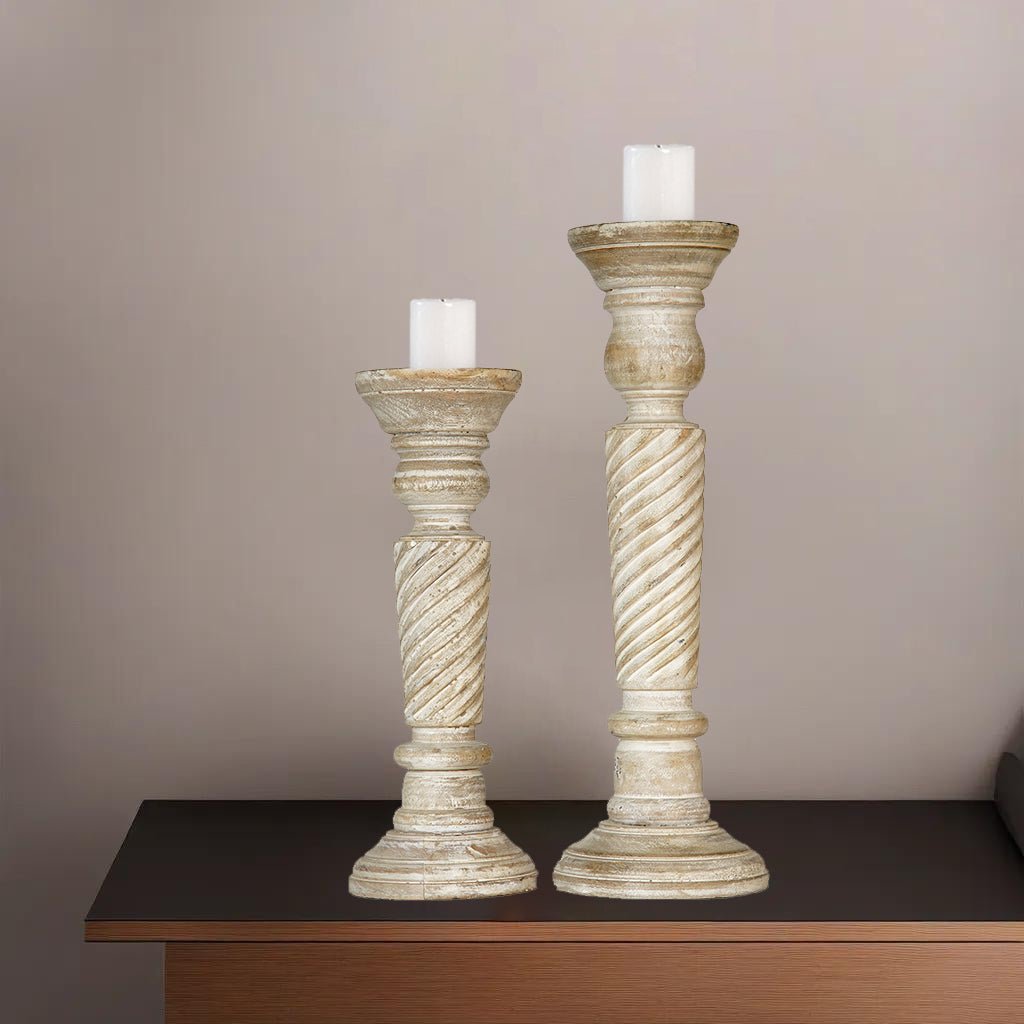 Eco-friendly Antique White Mango Wood Pillar Candle Holder Set of 2 Image 6