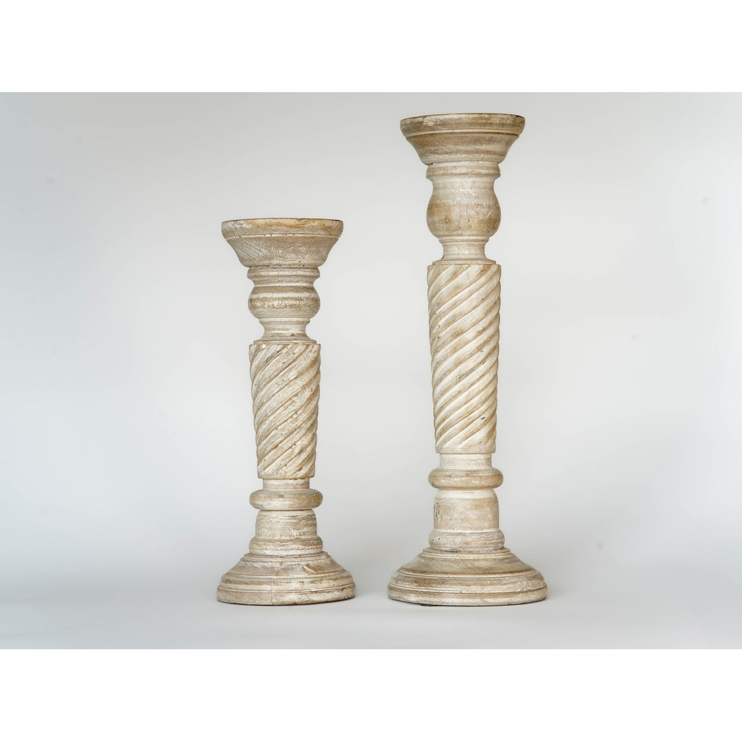 Eco-friendly Antique White Mango Wood Pillar Candle Holder Set of 2 Image 7