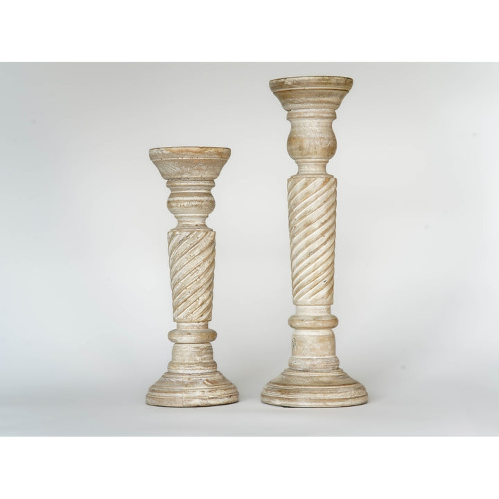 Eco-friendly Antique White Mango Wood Pillar Candle Holder Set of 2 Image 7