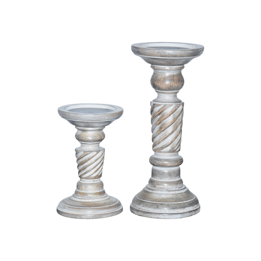 BBH Homes Gray Wash Mango Wood Set of 2 Eco-Friendly Pillar Candle Holders Image 1