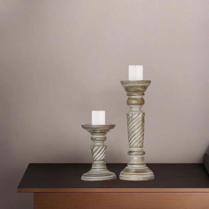 BBH Homes Gray Wash Mango Wood Set of 2 Eco-Friendly Pillar Candle Holders Image 1