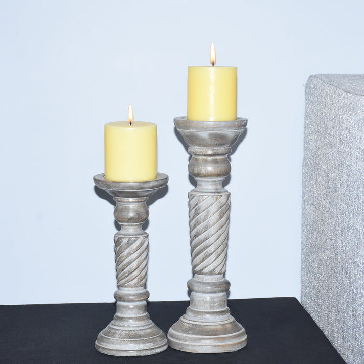 BBH Homes Gray Wash Mango Wood Set of 2 Eco-Friendly Pillar Candle Holders Image 8