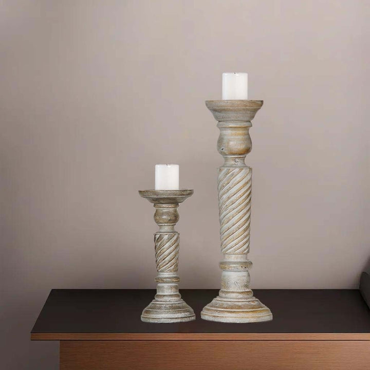 BBH Homes Gray Wash Mango Wood Set of 2 Eco-Friendly Pillar Candle Holders Image 9