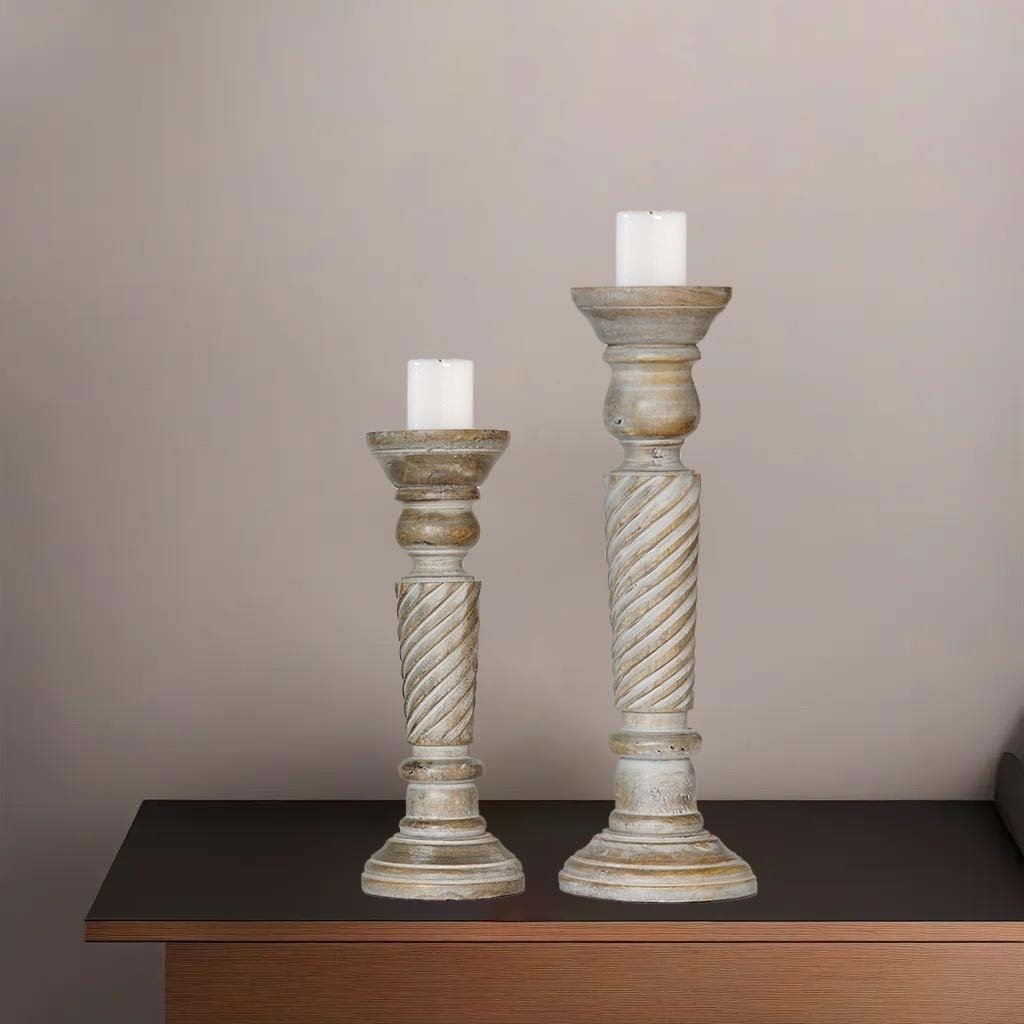 BBH Homes Gray Wash Mango Wood Set of 2 Eco-Friendly Pillar Candle Holders Image 10