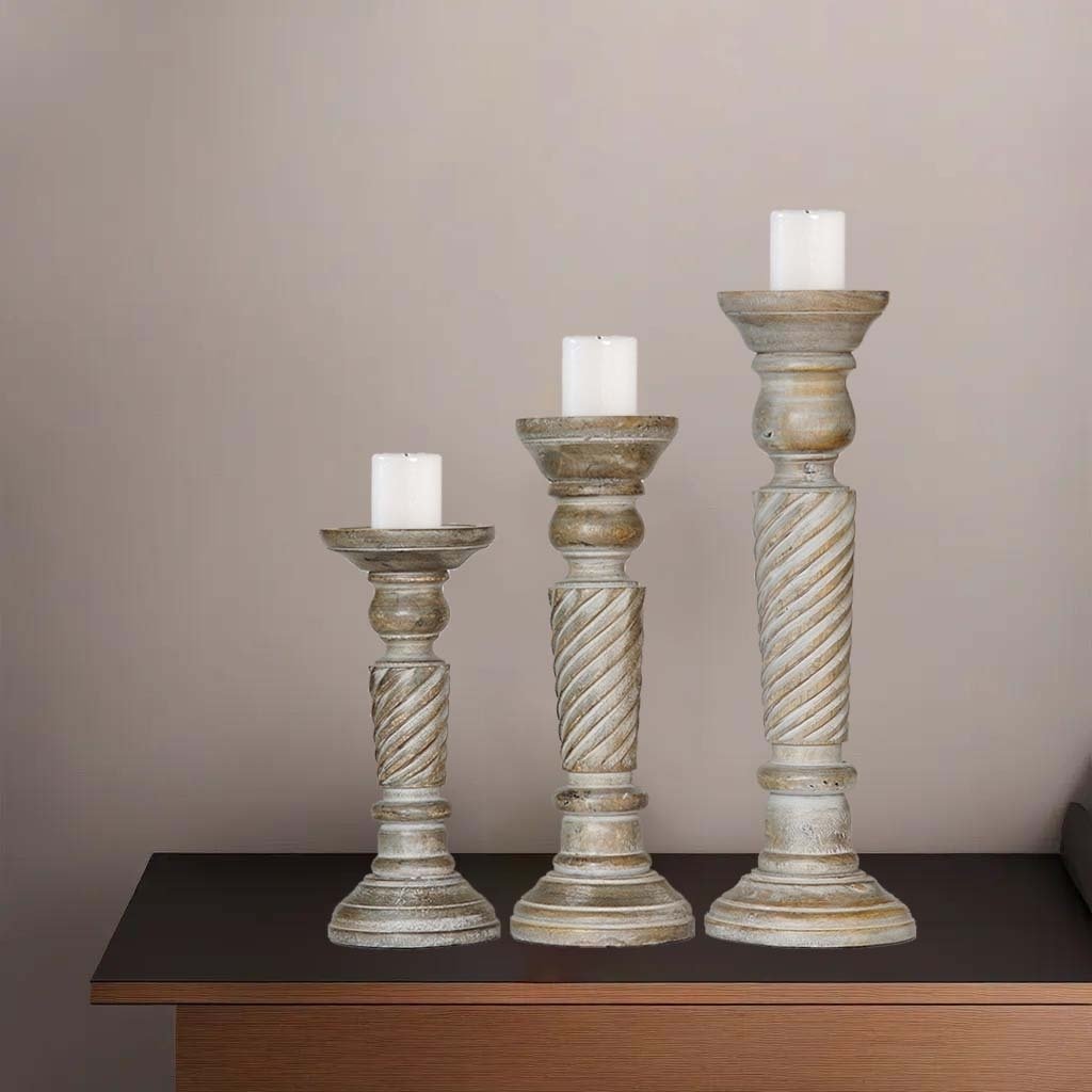 Handmade Gray Wash Mango Wood Pillar Candle Holder Set of 3 Eco-Friendly Image 1