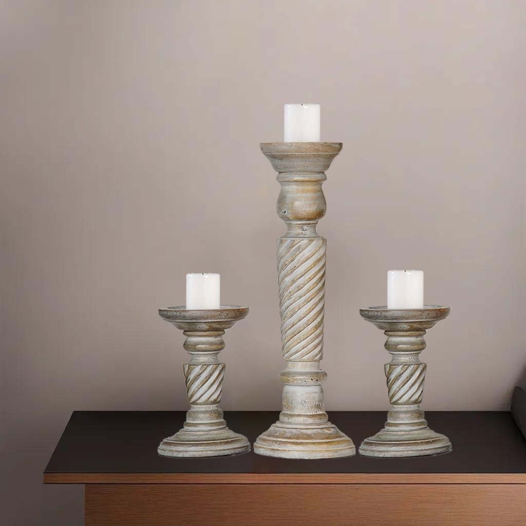 Handmade Gray Wash Mango Wood Pillar Candle Holder Set of 3 Eco-Friendly Image 4