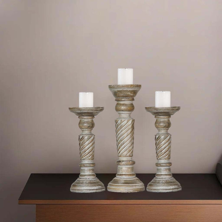 Handmade Gray Wash Mango Wood Pillar Candle Holder Set of 3 Eco-Friendly Image 5