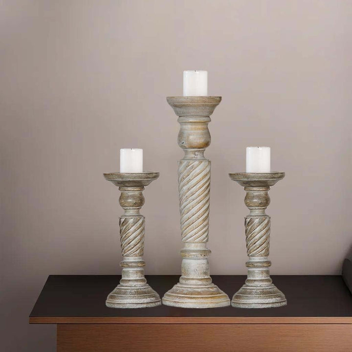 Handmade Gray Wash Mango Wood Pillar Candle Holder Set of 3 Eco-Friendly Image 6