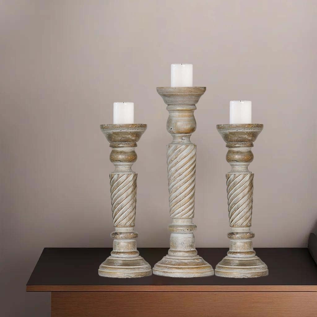 Handmade Gray Wash Mango Wood Pillar Candle Holder Set of 3 Eco-Friendly Image 7