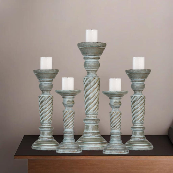 Eco-Friendly Handmade Mango Wood Pillar Candle Holder Set of 5 Antique Dusk Image 6