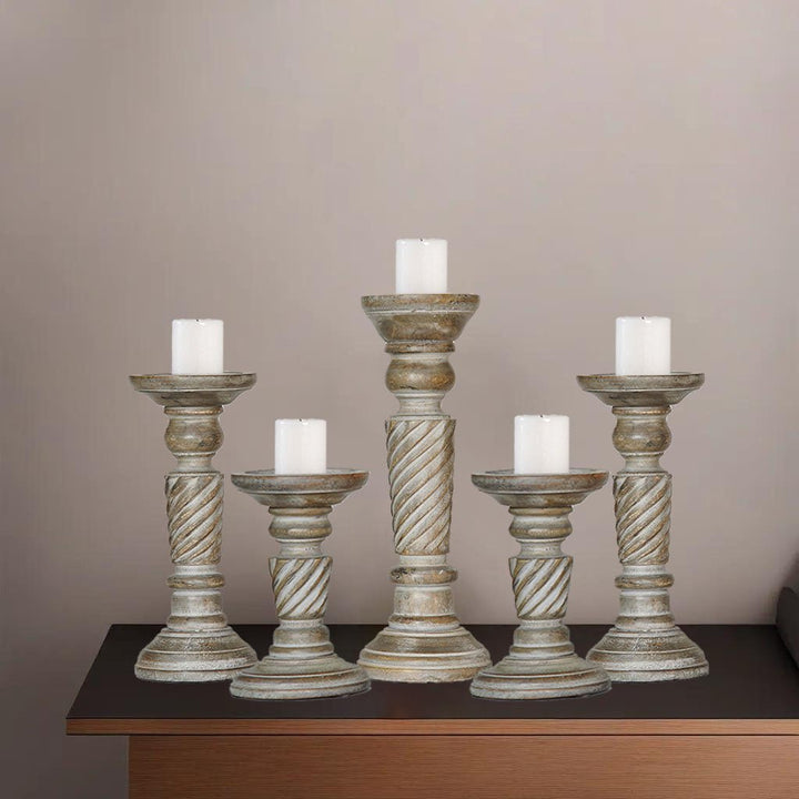 Handmade Gray Wash Mango Wood Set of 5 Eco-Friendly Pillar Candle Holders Image 1