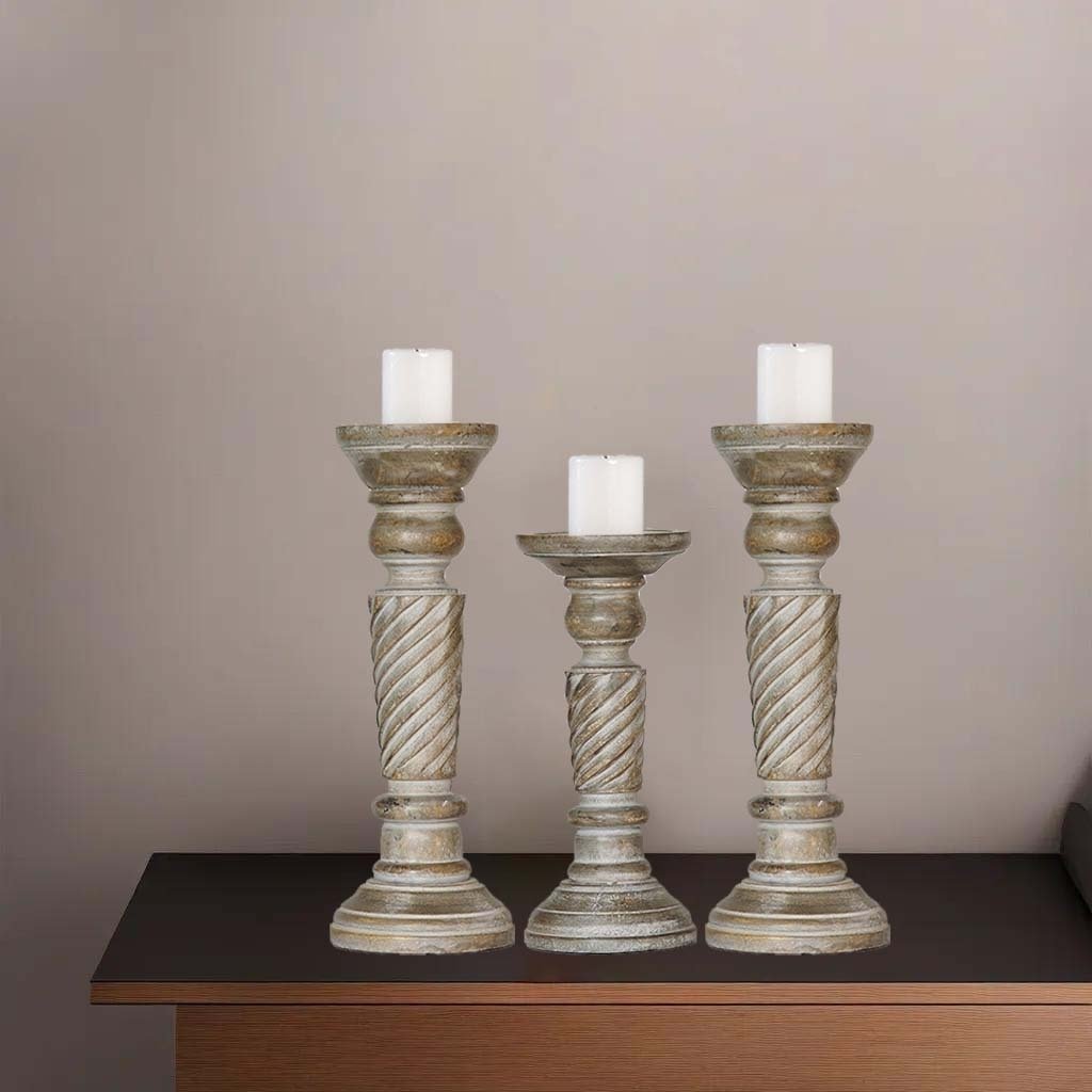 Handmade Gray Wash Mango Wood Pillar Candle Holder Set of 3 Eco-Friendly Image 9