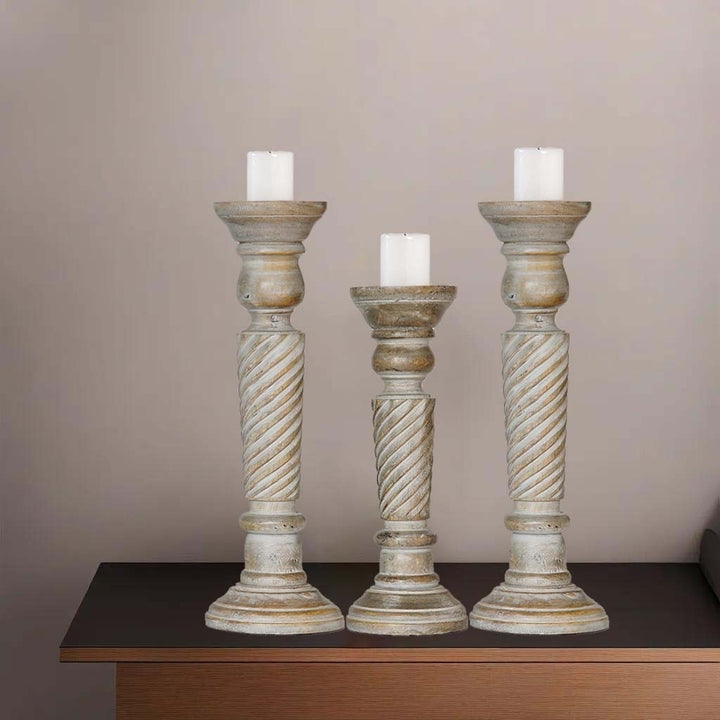 Handmade Gray Wash Mango Wood Pillar Candle Holder Set of 3 Eco-Friendly Image 10