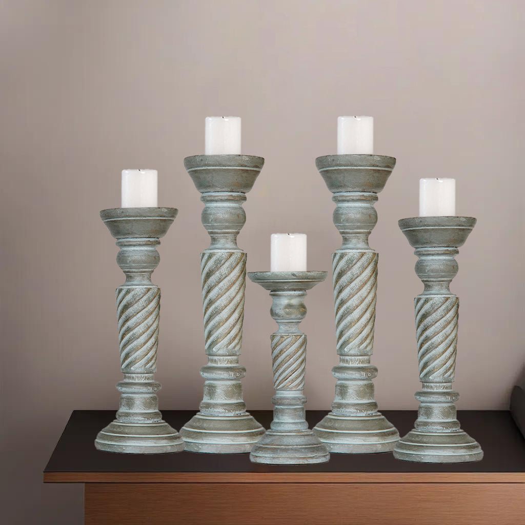 Eco-Friendly Handmade Mango Wood Pillar Candle Holder Set of 5 Antique Dusk Image 8