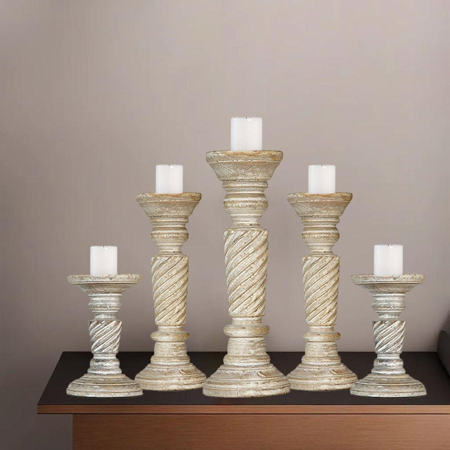 Handmade Antique White Mango Wood Pillar Candle Holder Set of 5 Eco-Friendly Image 1