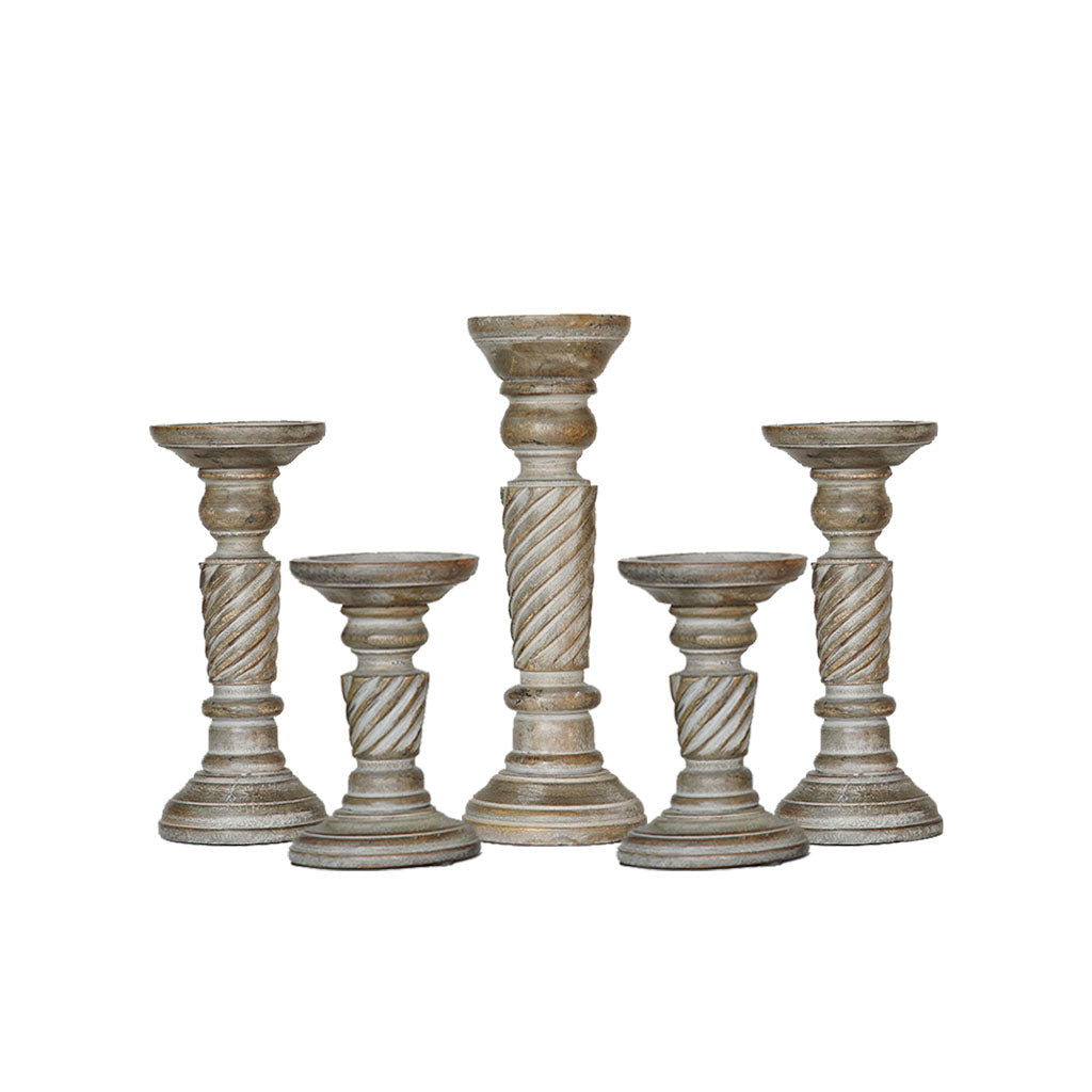 Handmade Gray Wash Mango Wood Set of 5 Eco-Friendly Pillar Candle Holders Image 2