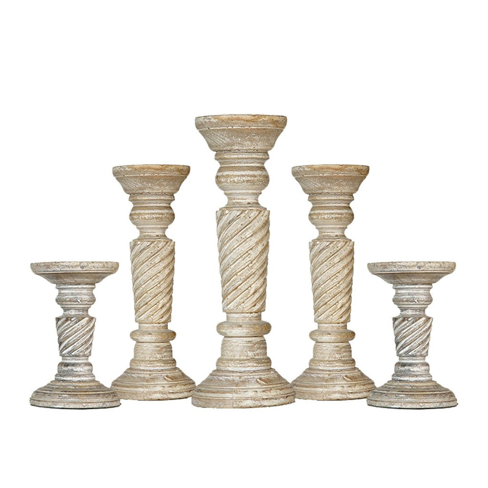 Handmade Antique White Mango Wood Pillar Candle Holder Set of 5 Eco-Friendly Image 2