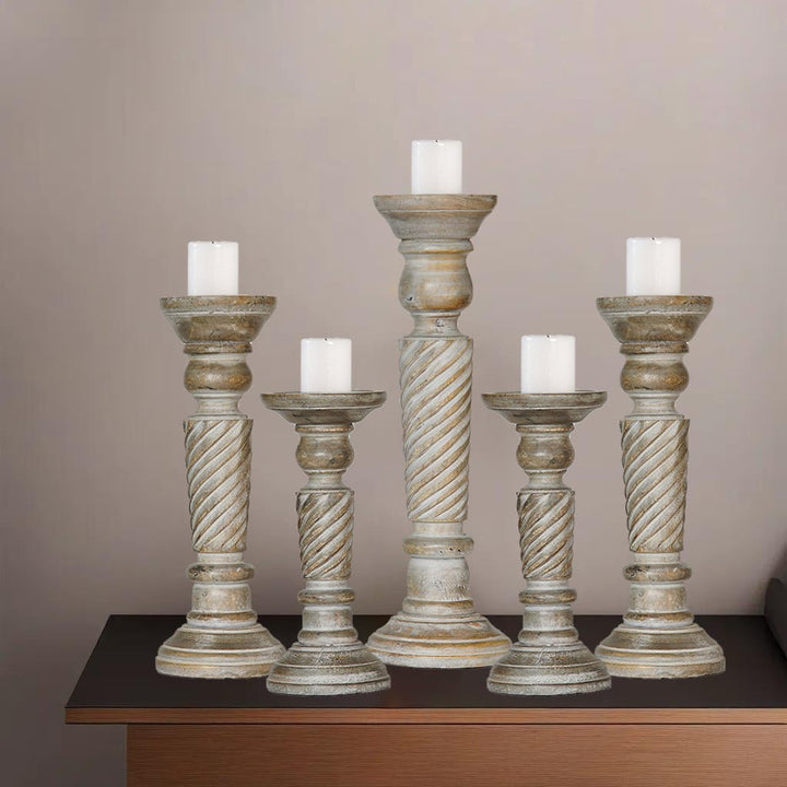 Handmade Gray Wash Mango Wood Set of 5 Eco-Friendly Pillar Candle Holders Image 6