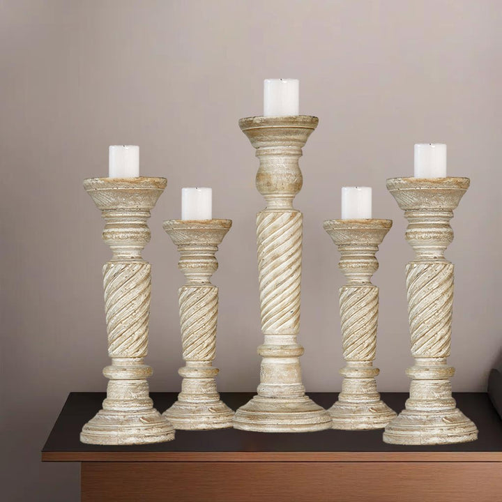 Handmade Antique White Mango Wood Pillar Candle Holder Set of 5 Eco-Friendly Image 6