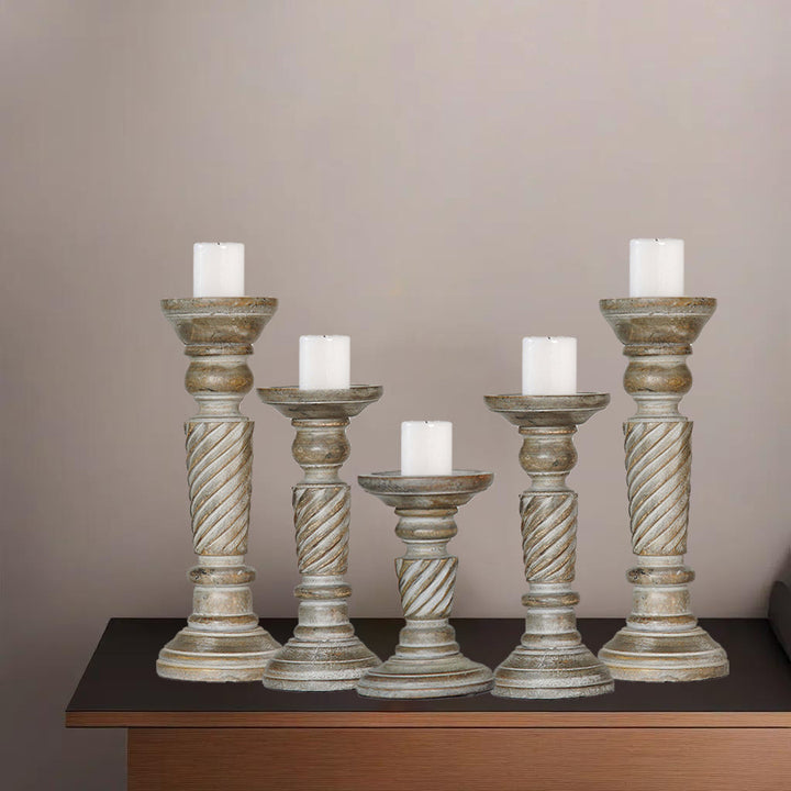 Handmade Gray Wash Mango Wood Set of 5 Eco-Friendly Pillar Candle Holders Image 7