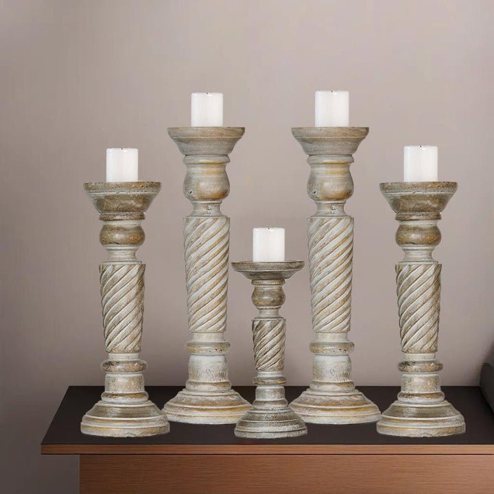 Handmade Gray Wash Mango Wood Set of 5 Eco-Friendly Pillar Candle Holders Image 8