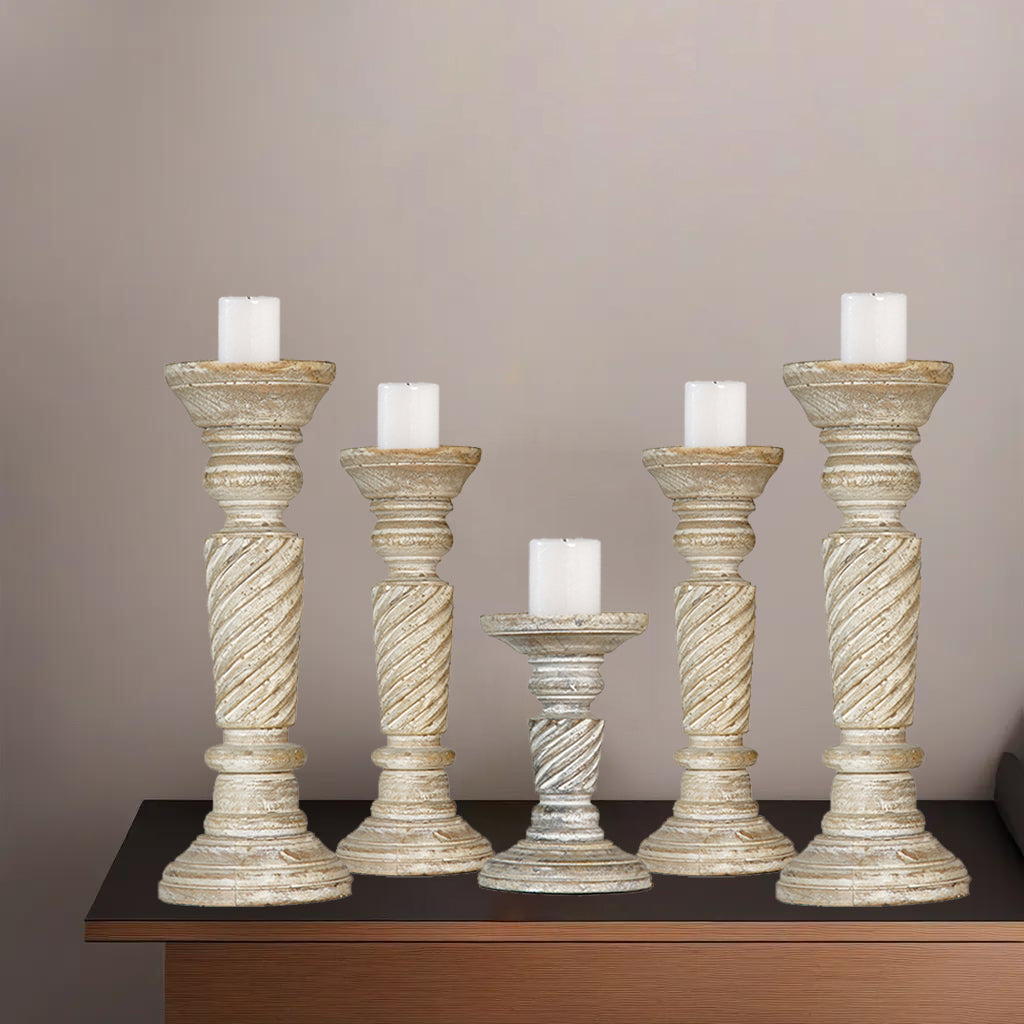 Handmade Antique White Mango Wood Pillar Candle Holder Set of 5 Eco-Friendly Image 7