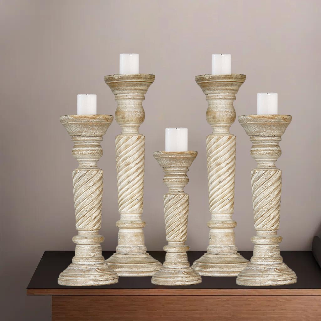 Handmade Antique White Mango Wood Pillar Candle Holder Set of 5 Eco-Friendly Image 8