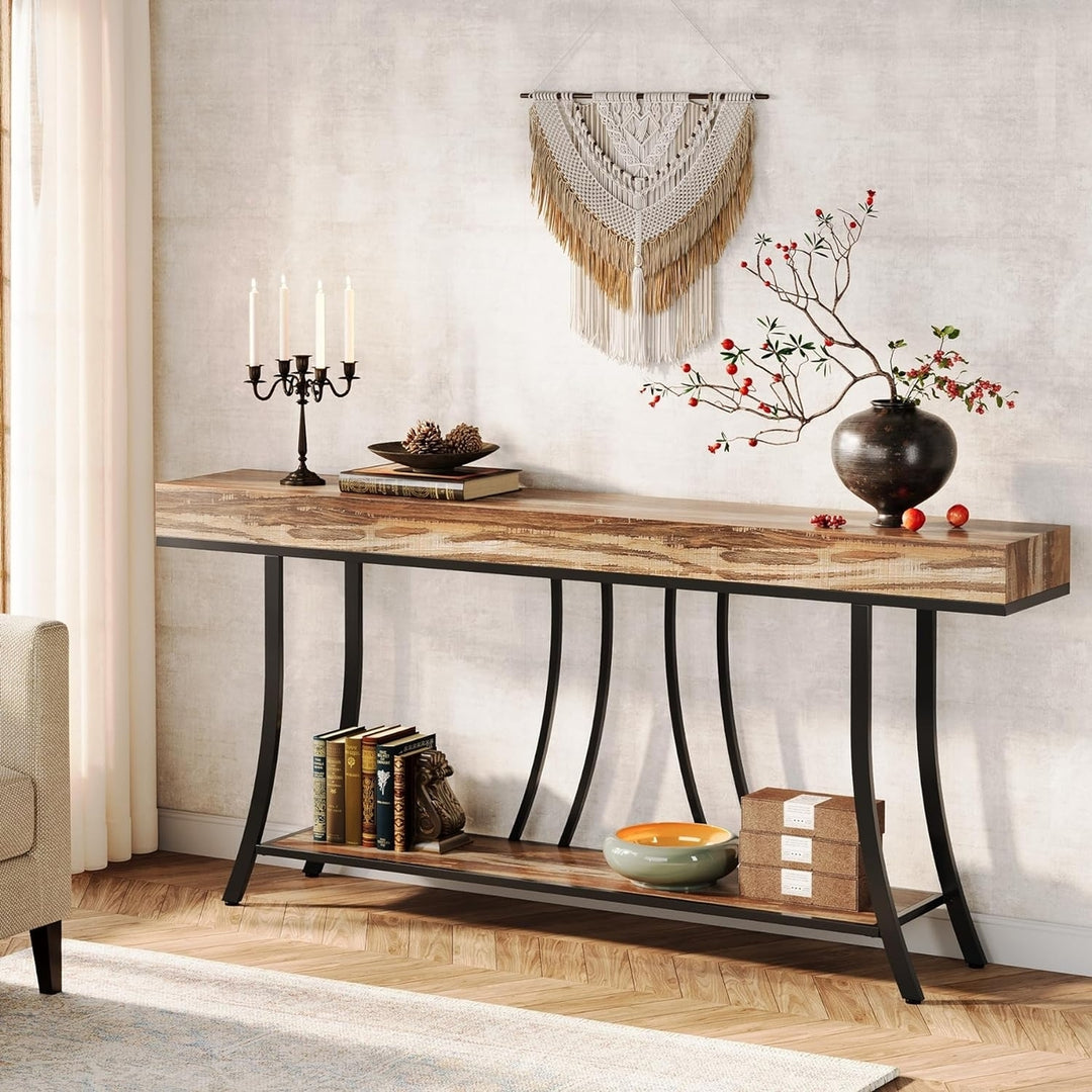 Tribesigns Extra Long Console Table with 2-Tier , Industrial Narrow Sofa Table with Storage Shelves,for Living Image 2